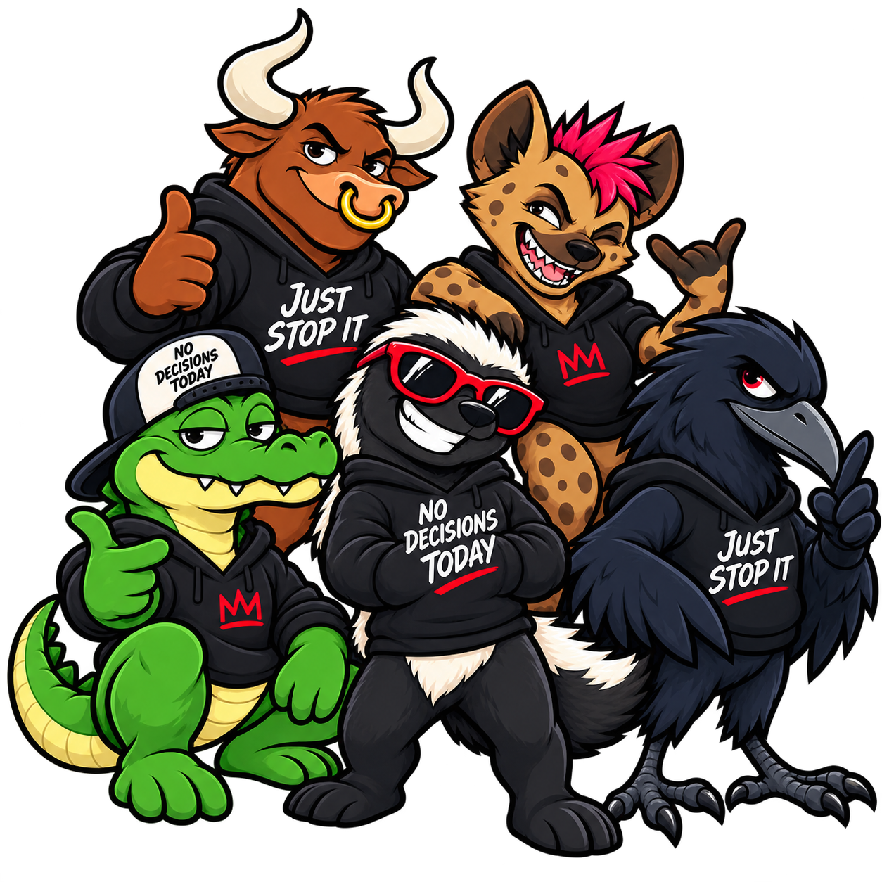 The five No Decisions Today characters together as a pack